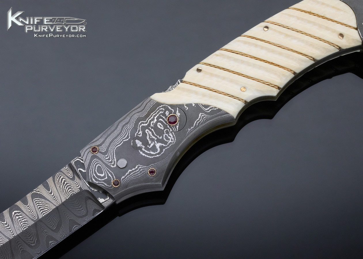 Joe Kious Custom Knife Fluted Mammoth Automatic Front Lock with Damascus and Twisted Gold Wire Inlays and Ruby Accents - Image 2