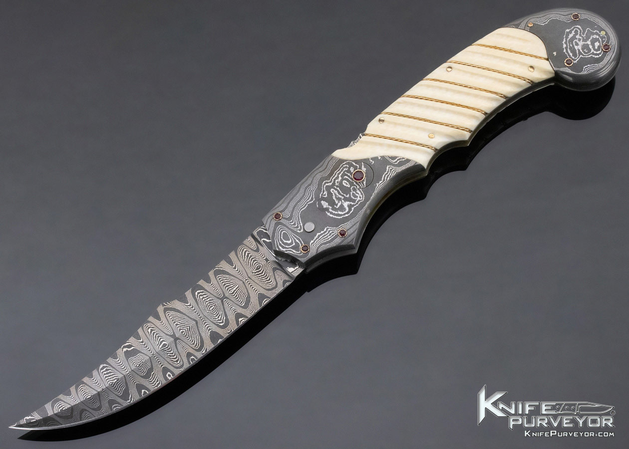 Joe Kious' Fluted Mammoth Auto Front Lock with Damascus and Twisted Gold Wire Inlays and Gem Stones 11737
