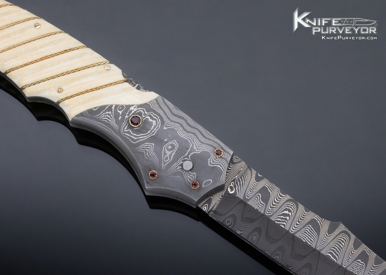 Joe Kious Custom Knife Fluted Mammoth Automatic Front Lock with Damascus and Twisted Gold Wire Inlays and Ruby Accents - Image 5