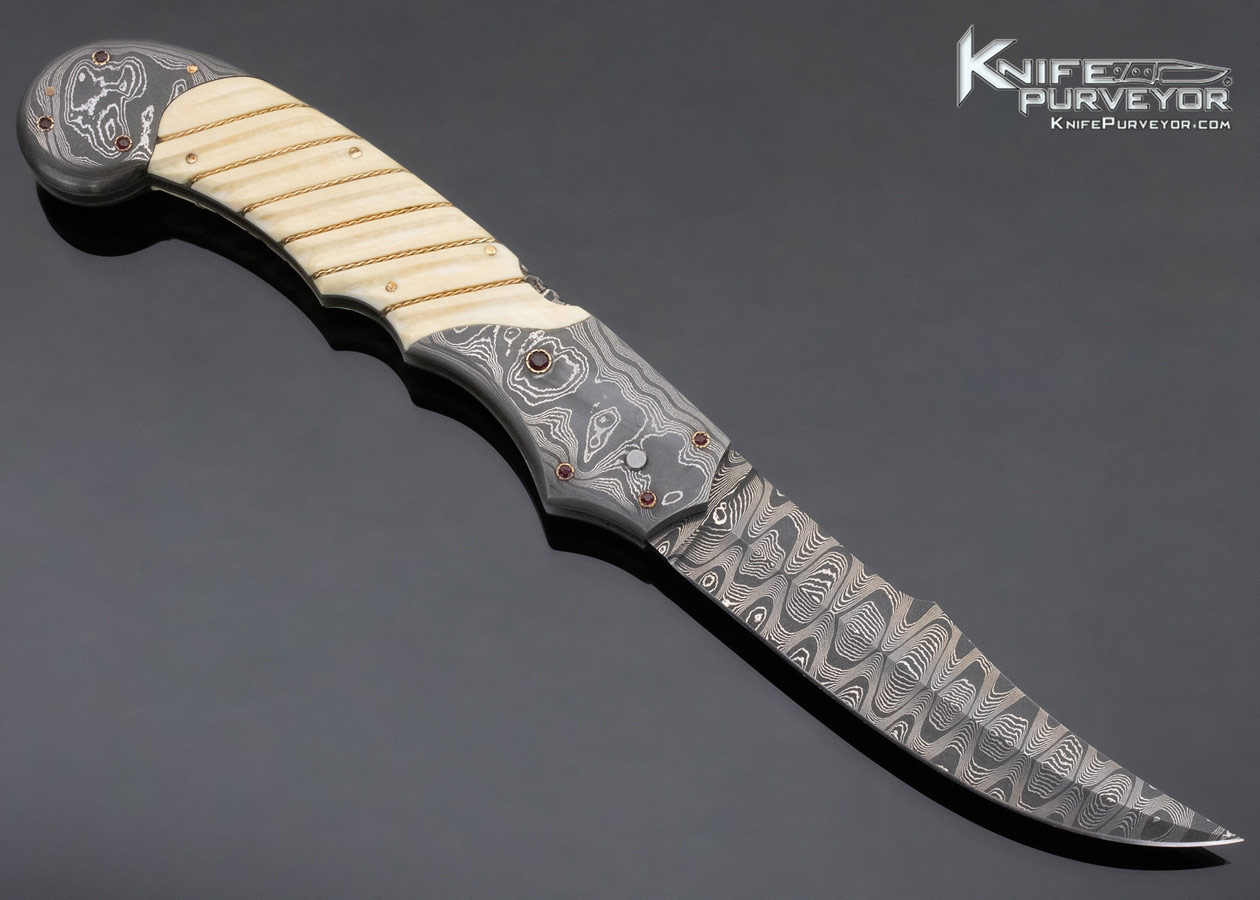 Joe Kious Custom Knife Fluted Mammoth Automatic Front Lock with Damascus and Twisted Gold Wire Inlays and Ruby Accents - Image 4