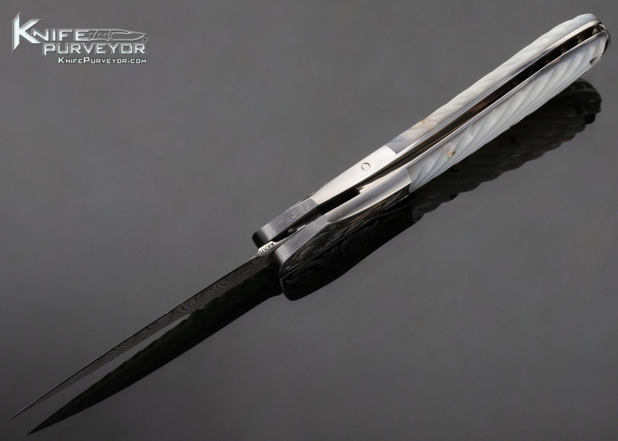 Joe Kious Custom Knife Damascus & Fluted Mother of Pearl Automatic Midlock with Toothpick Engraved by Tim George - Image 7