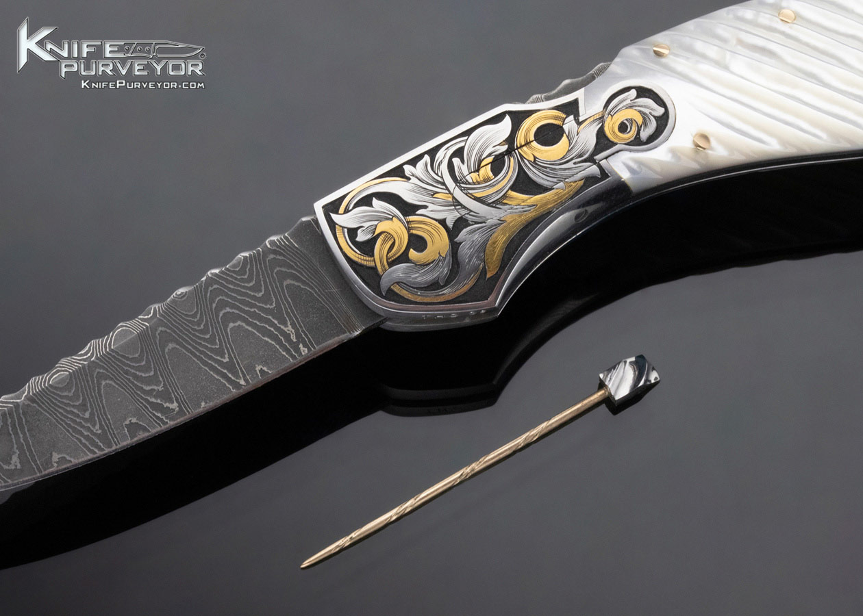 Joe Kious Custom Knife Damascus & Fluted Mother of Pearl Automatic Midlock with Toothpick Engraved by Tim George - Image 2