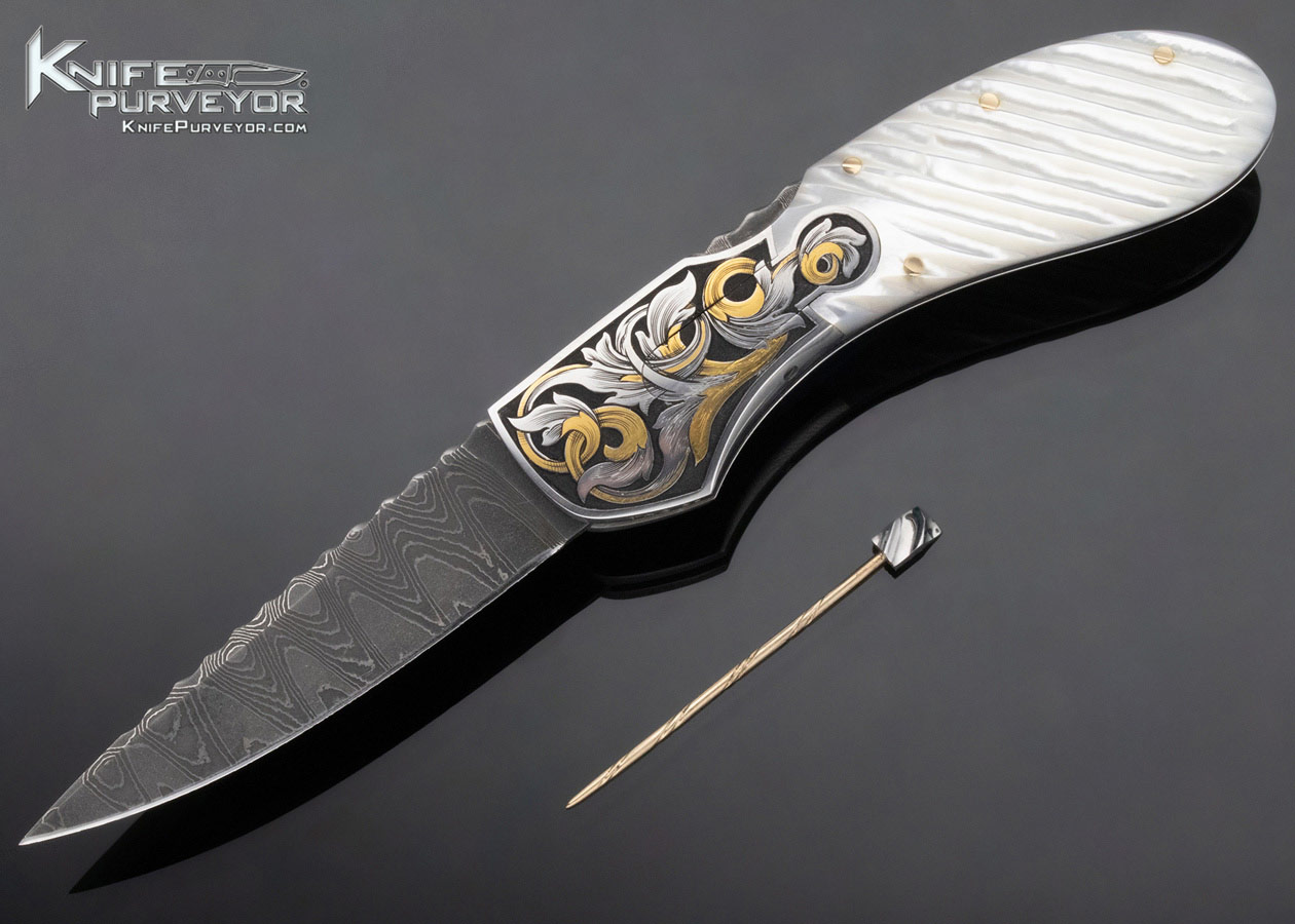 Joe Kious Custom Knife Damascus & Fluted Mother of Pearl Automatic Lockback with Toothpick Engraved by Tim George 11758