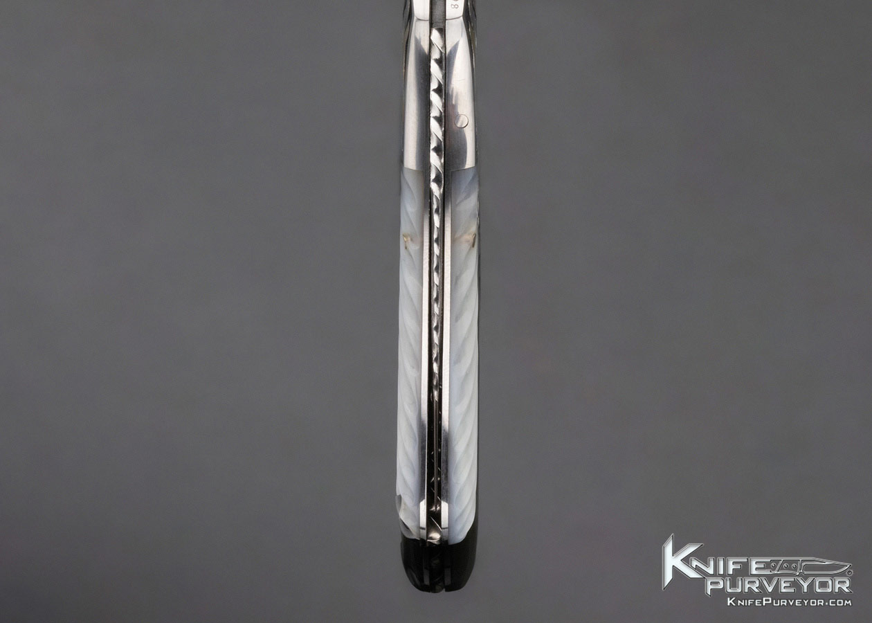 Joe Kious Custom Knife Damascus & Fluted Mother of Pearl Automatic Lockback with Toothpick Engraved by Tim George 11758