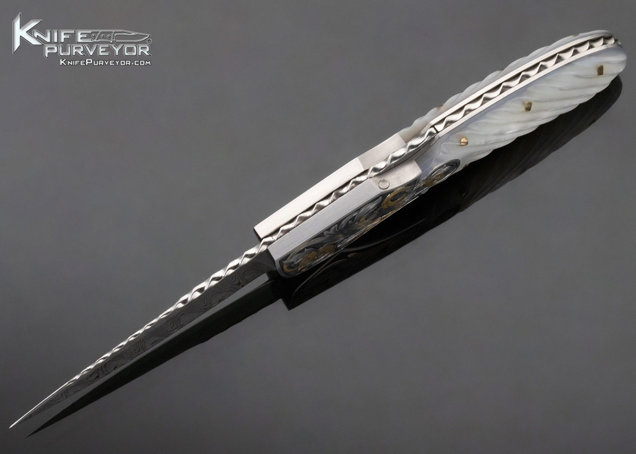 Joe Kious Custom Knife Damascus & Fluted Mother of Pearl Automatic Midlock with Toothpick Engraved by Tim George - Image 6