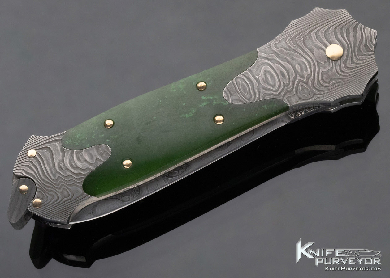 Warren Osborne Custom Knife Jade and Damascus Automatic Lockback Dagger - Image 5