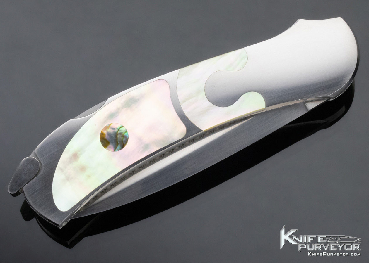 Warren Osborne Custom Knife South Sea Gold Lip Pearl with Abalone Inlays S.O.W. Automatic Lockback - Image 5