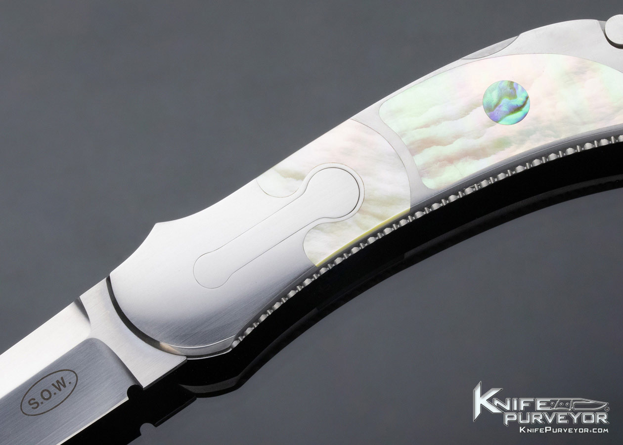 Warren Osborne Custom Knife South Sea Gold Lip Pearl with Abalone Inlays S.O.W. Automatic Lockback - Image 2