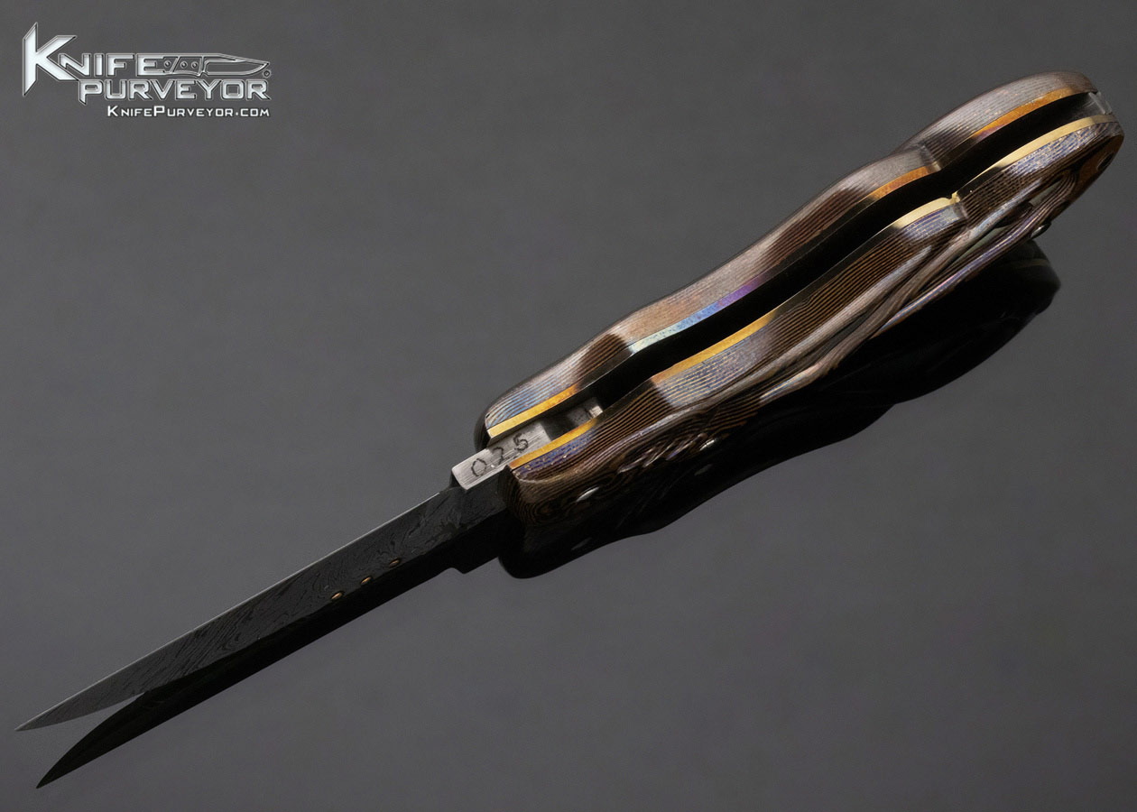 Alistair Bastian Custom Knife "Art Deco" Carved Mokume & Gold Pearl with Mosiac Damascus Lockback - Image 7