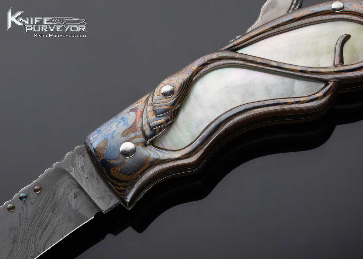 Alistair Bastian Custom Knife "Art Deco" Carved Mokume & Gold Pearl with Mosiac Damascus Lockback - Image 2