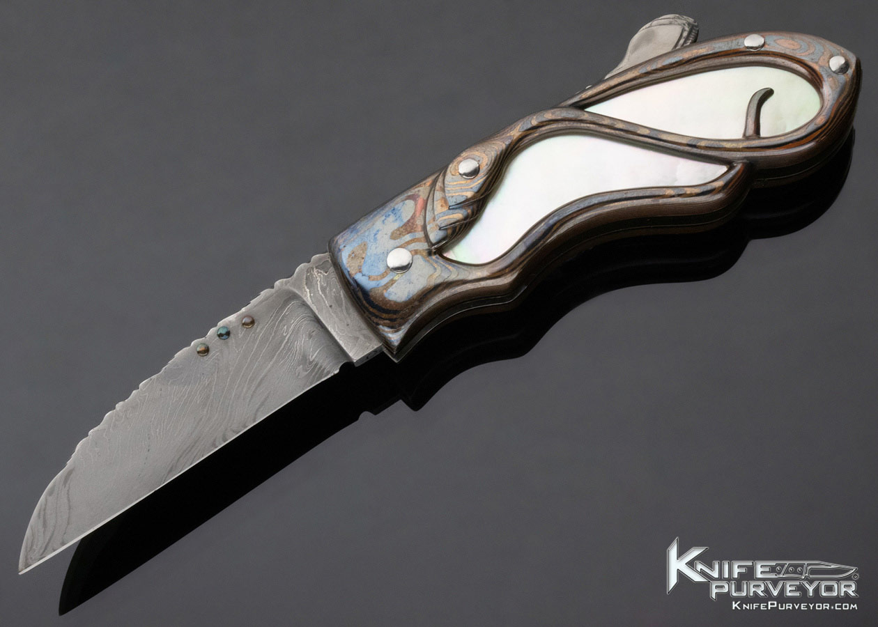 Alistar Bastian Custom Knife "Art Deco" Carved Mokume & Gold Pearl with Mosiac Damascus Lockback 11743