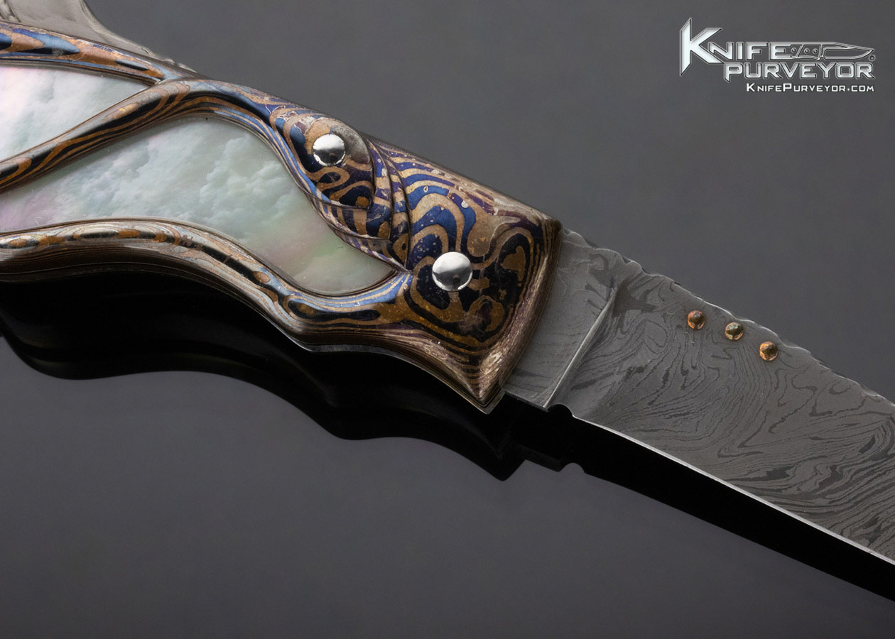 Alistair Bastian Custom Knife "Art Deco" Carved Mokume & Gold Pearl with Mosiac Damascus Lockback - Image 5