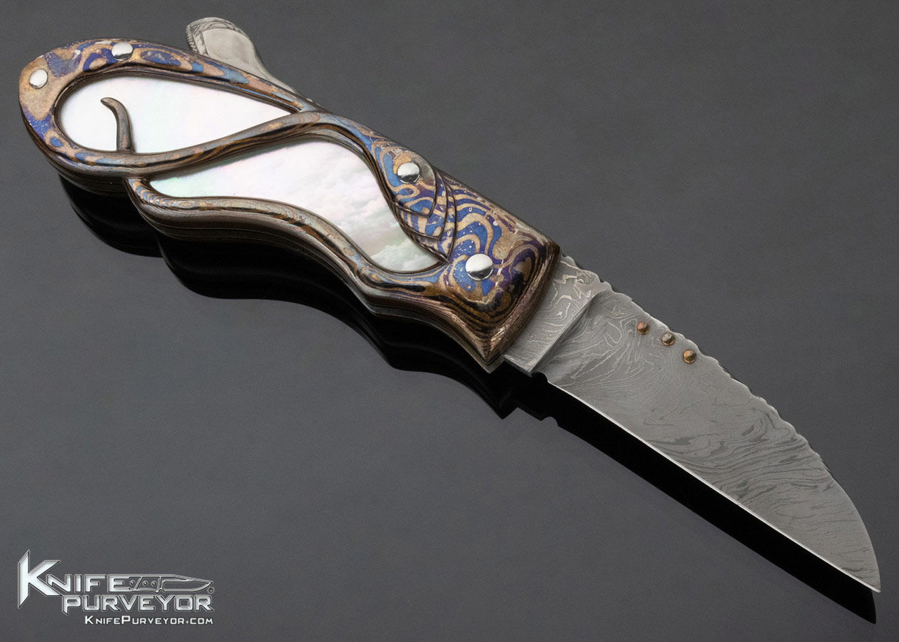 Alistair Bastian Custom Knife "Art Deco" Carved Mokume & Gold Pearl with Mosiac Damascus Lockback - Image 4