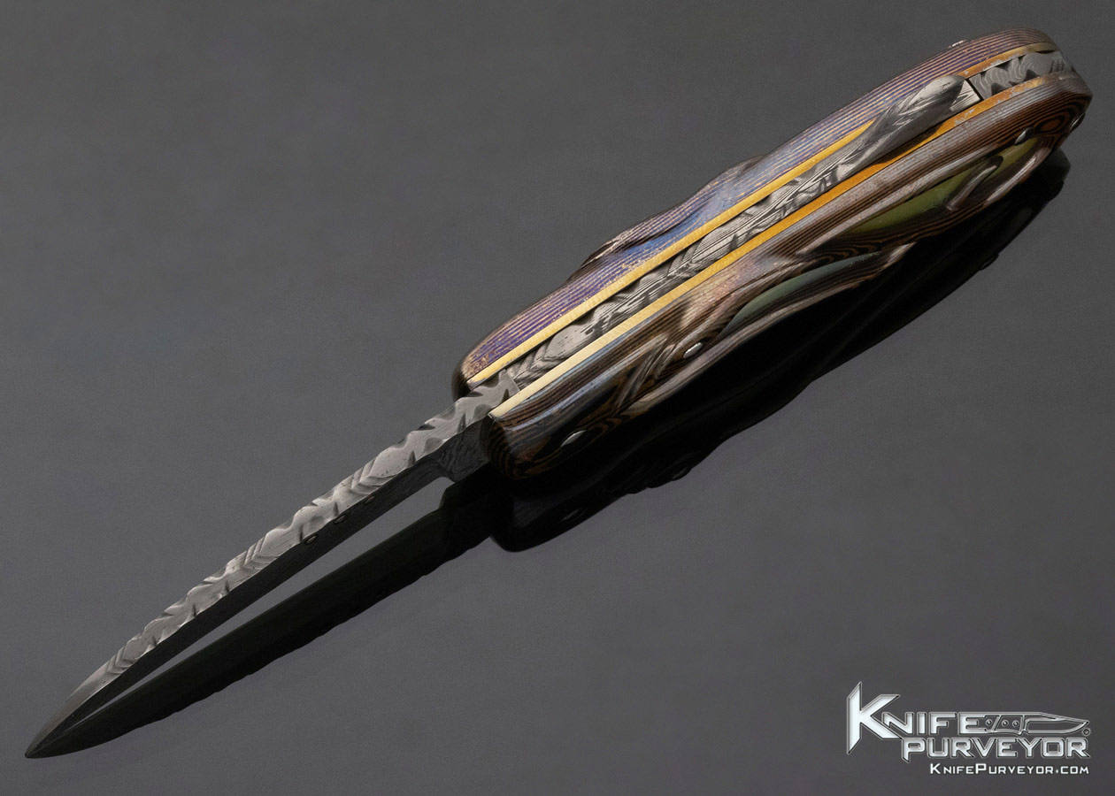 Alistair Bastian Custom Knife "Art Deco" Carved Mokume & Gold Pearl with Mosiac Damascus Lockback - Image 6