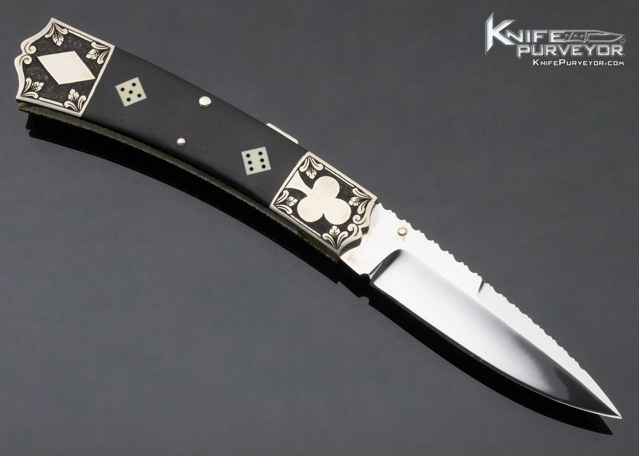 Harvey McBurnette Custom Knife Sole Authorship Engraved Ebony and Mammoth Gambler Front Lock - Image 3