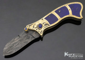 Jot Singh Khalsa Custom Knife 14Kt Gold and Lapis Linerlock Engraved by Julie Warenski with Robert Eggerling Damascus Blade 12041