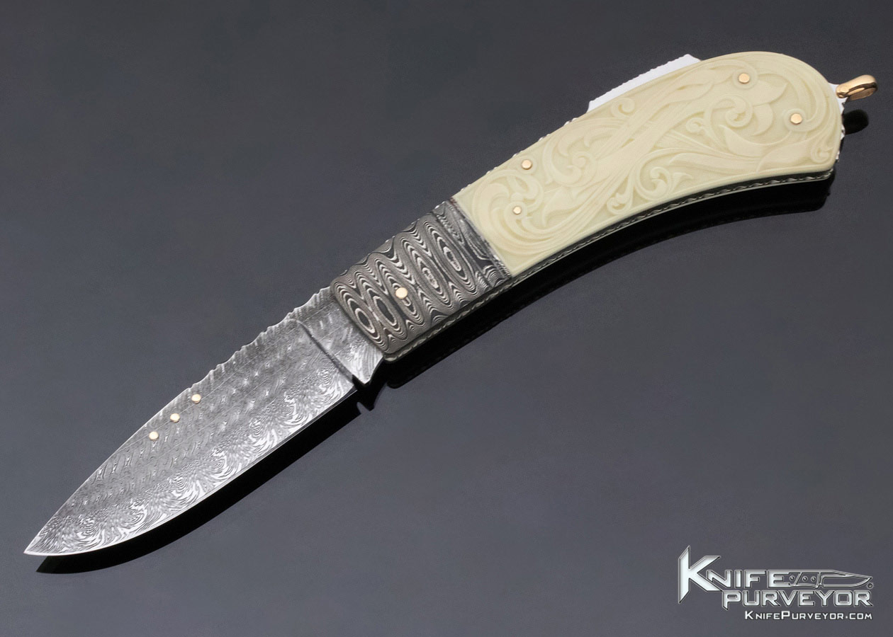 Kaj Embretsen Custom Knife Damascus Lockback Carved by Issak Bergh 12022