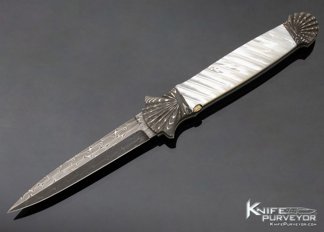 Ken Steigerwalt Custom Knife Damascus and Mother of Pearl Lever Release Automatic 11858