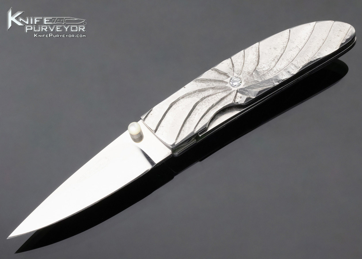 Koji Hara Custom Silver Swirl Linerlock with Inlaid Diamonds 12003