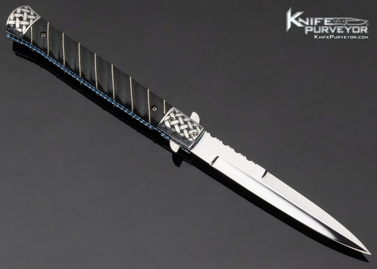 Phil Boguszewsk Custom Knife Basket Weave Engraved Linerlock Stiletto Flipper with Fluted African Blackwood & Braided Wire Inlay #4 - Image 4