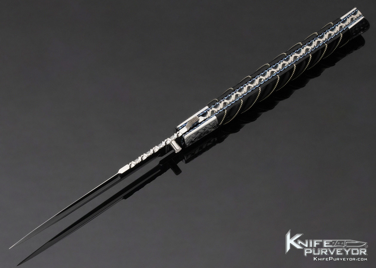 Phil Boguszewsk Custom Knife Basket Weave Engraved Linerlock Stiletto Flipper with Fluted African Blackwood & Braided Wire Inlay #4 - Image 6