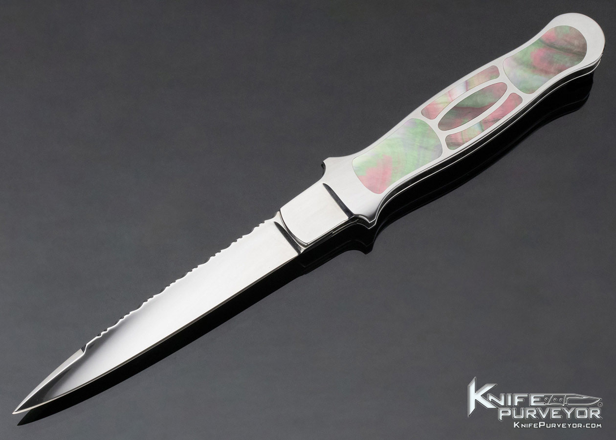 Phil Boguszewski Custom Knife 10 Piece Black Lip Pearl Inlaid Front Flipper Linerlock Dagger 11807