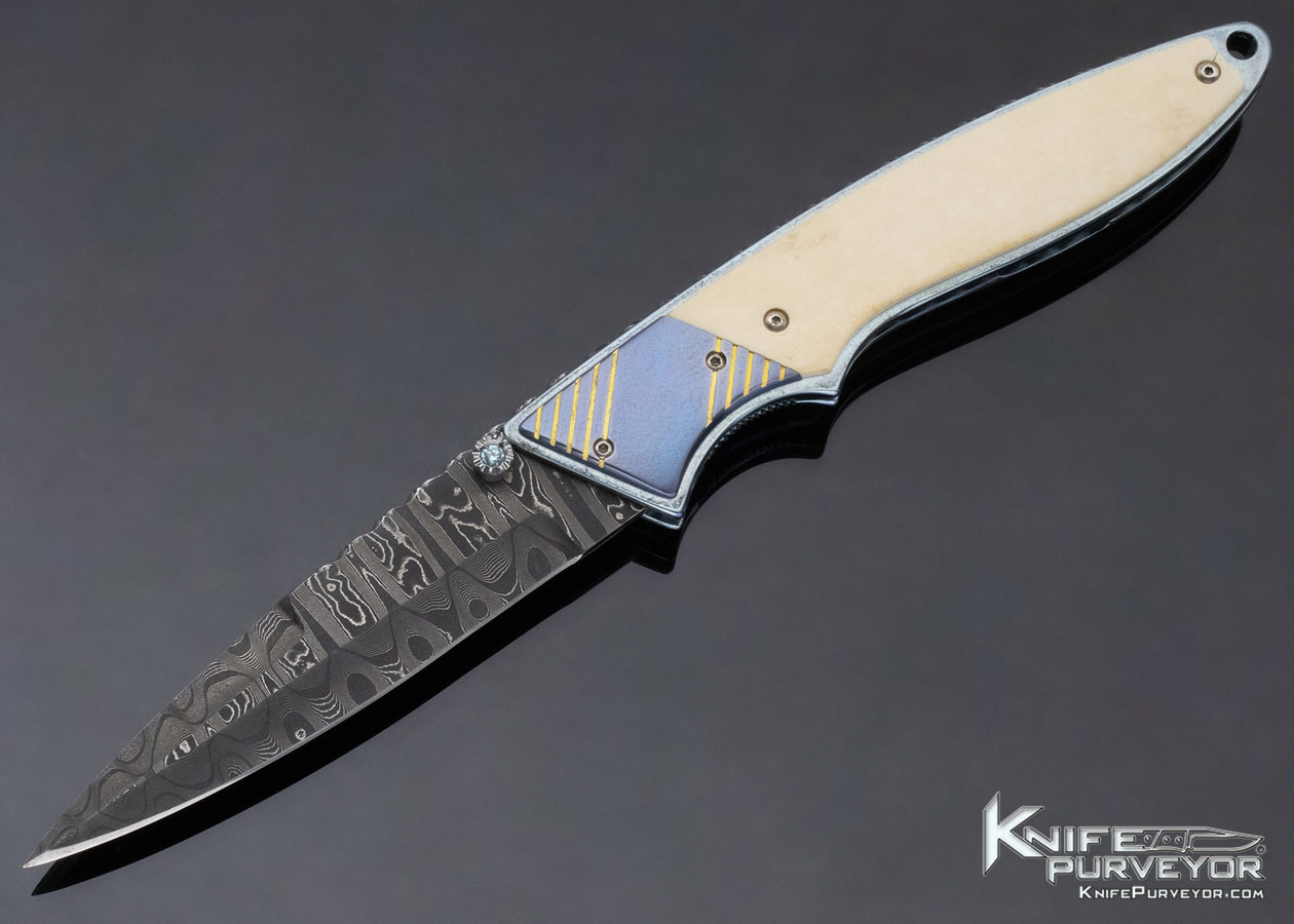 Phil Boguszewski Custom Knife Damascus Anodized Titanium & Mammoth Linerlock Prototype 11814