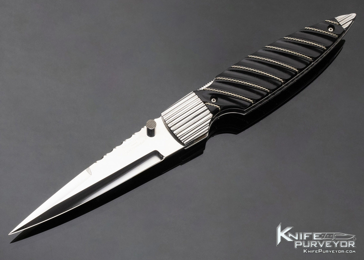 Phil Boguszewski Custom Knife Fluted Ebony with Braided Silver Wire Lockback Dagger #2 11801