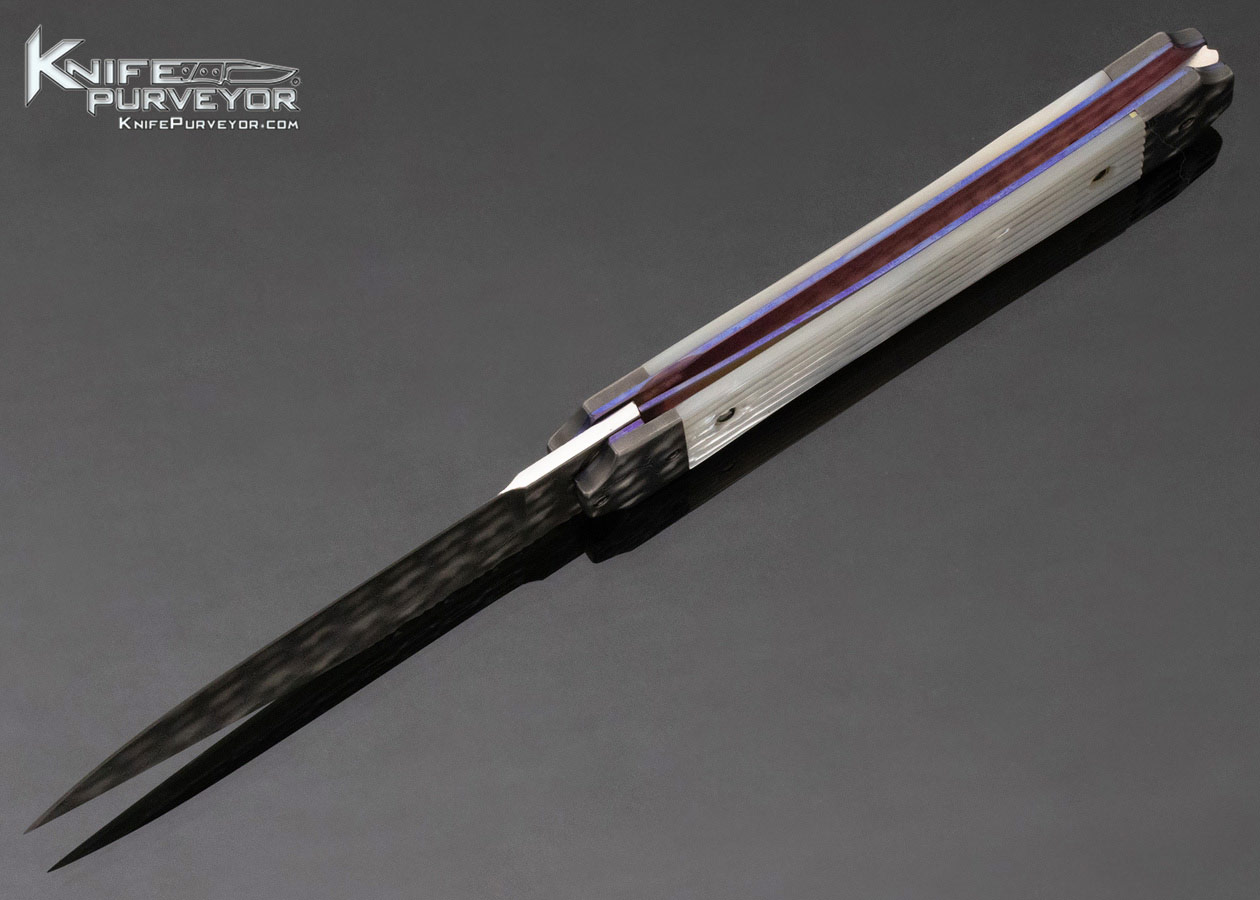 Phil Boguszewski Custom Knife Fluted Mother of Pearl & Raindrop Pattern Damascus Front Flipper Linerlock Dagger - Image 7