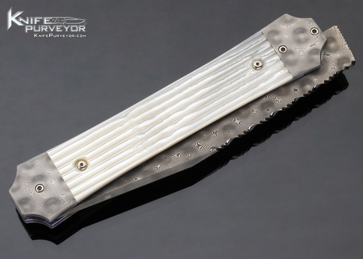 Phil Boguszewski Custom Knife Fluted Mother of Pearl & Raindrop Pattern Damascus Front Flipper Linerlock Dagger - Image 3