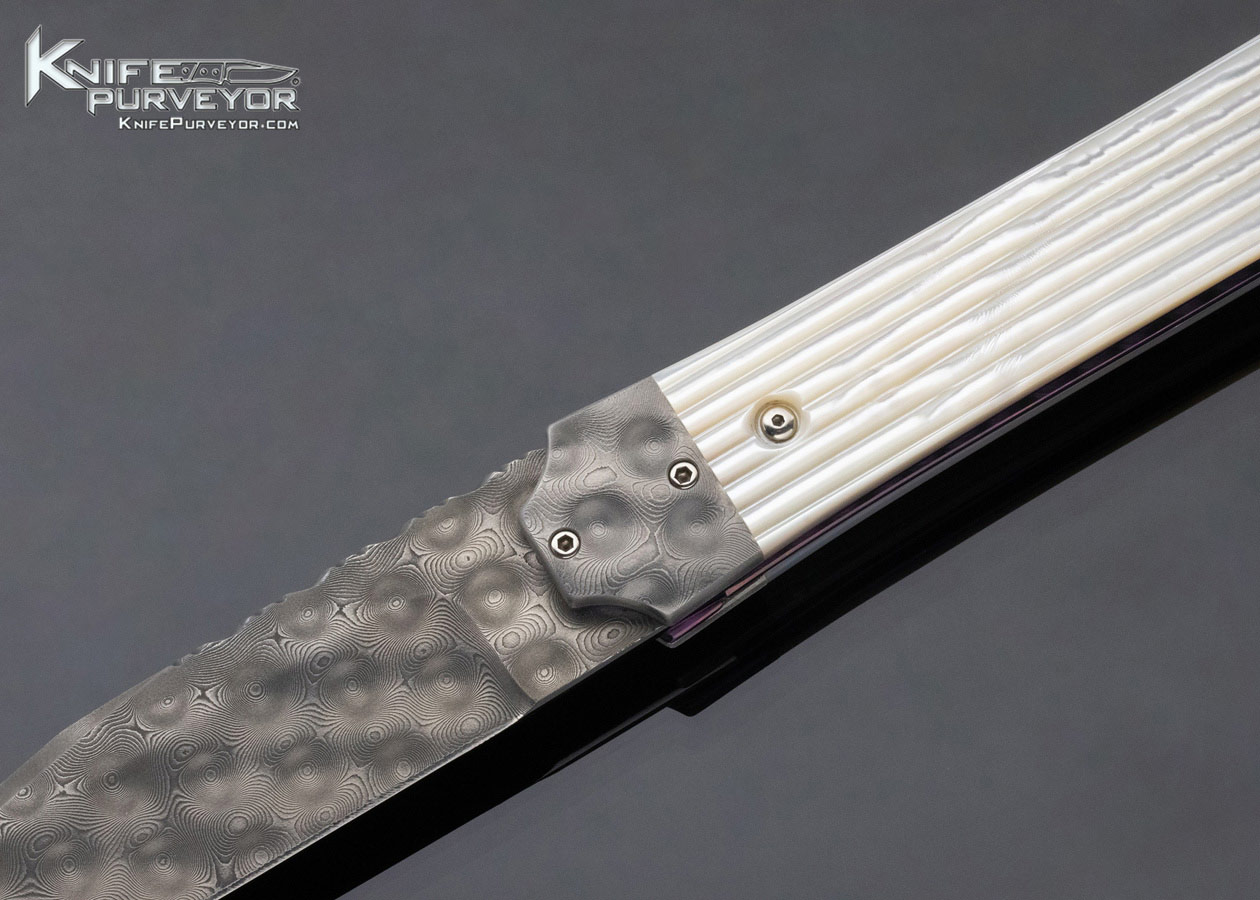 Phil Boguszewski Custom Knife Fluted Mother of Pearl & Raindrop Pattern Damascus Front Flipper Linerlock Dagger - Image 2