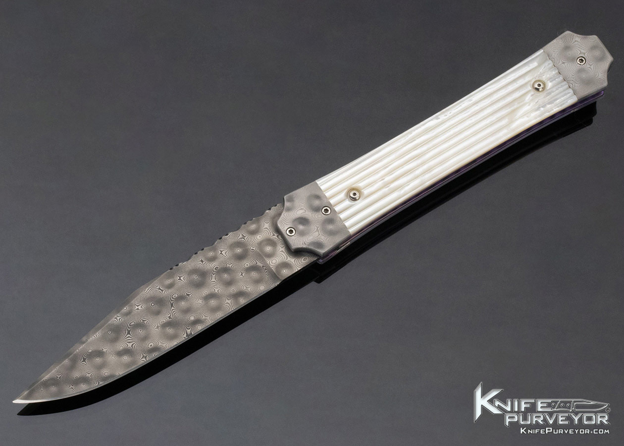 Phil Boguszewski Custom Knife Fluted Mother of Pearl & Raindrop Pattern Damascus Front Flipper Linerlock Dagger 13020