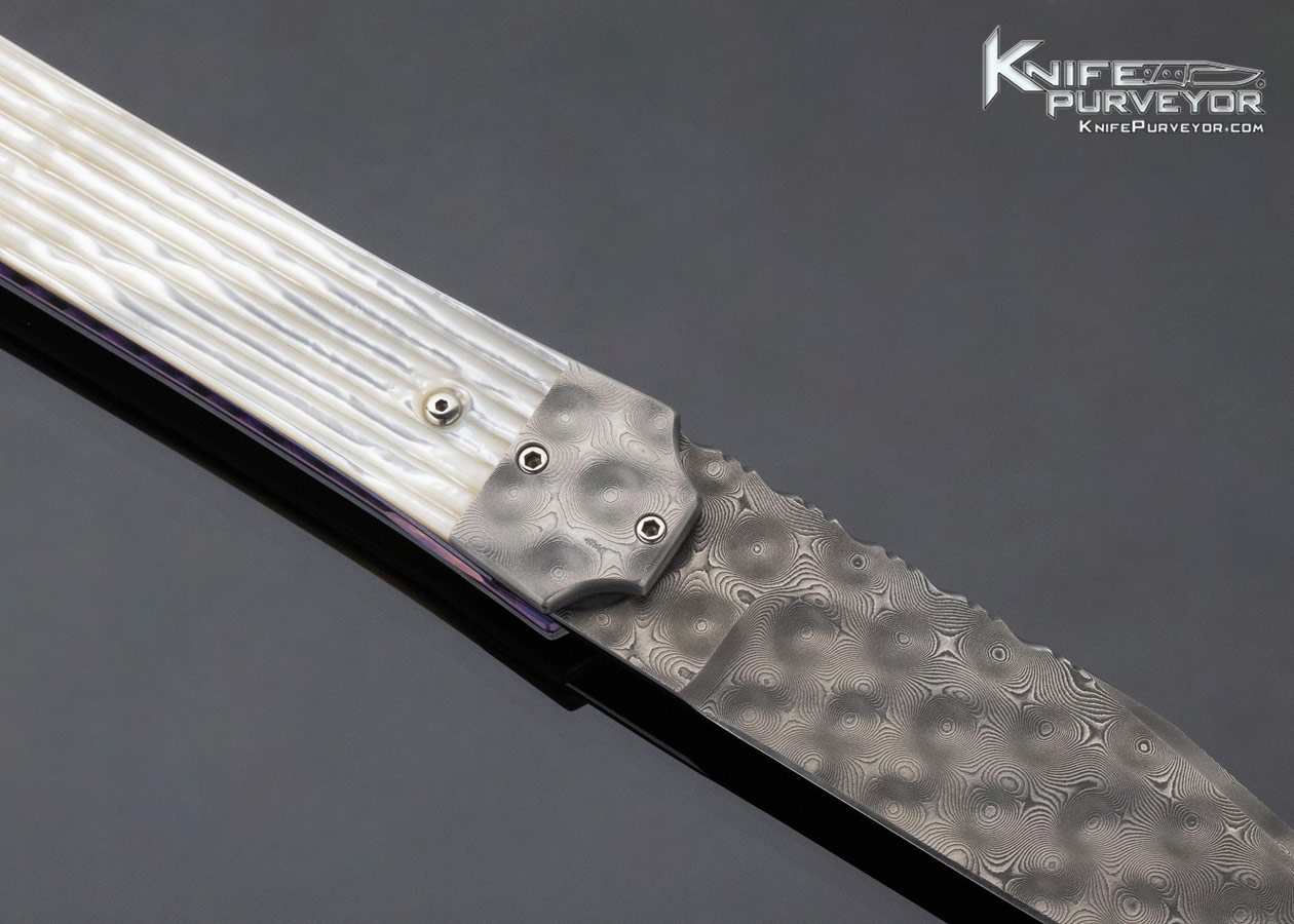 Phil Boguszewski Custom Knife Fluted Mother of Pearl & Raindrop Pattern Damascus Front Flipper Linerlock Dagger - Image 5