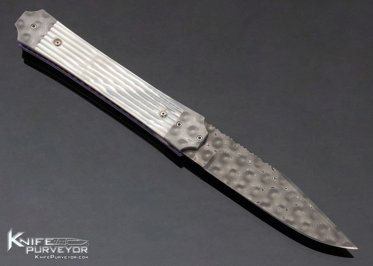 Phil Boguszewski Custom Knife Fluted Mother of Pearl & Raindrop Pattern Damascus Front Flipper Linerlock Dagger - Image 4