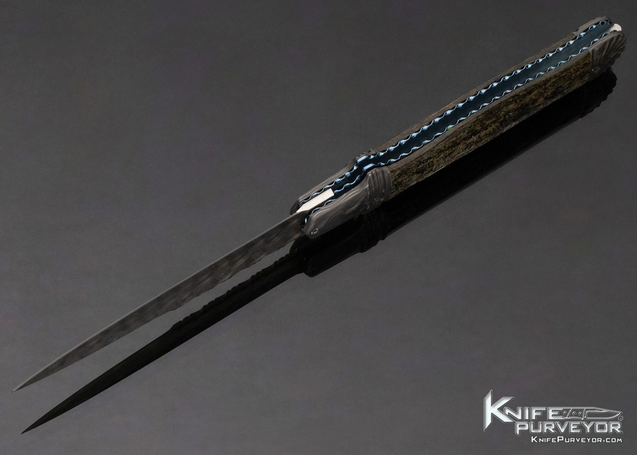 Phil Boguszewski Custom Knife Paua Shell & Raindrop Pattern Damascus Front Flipper Linerlock Dagger - Image 6