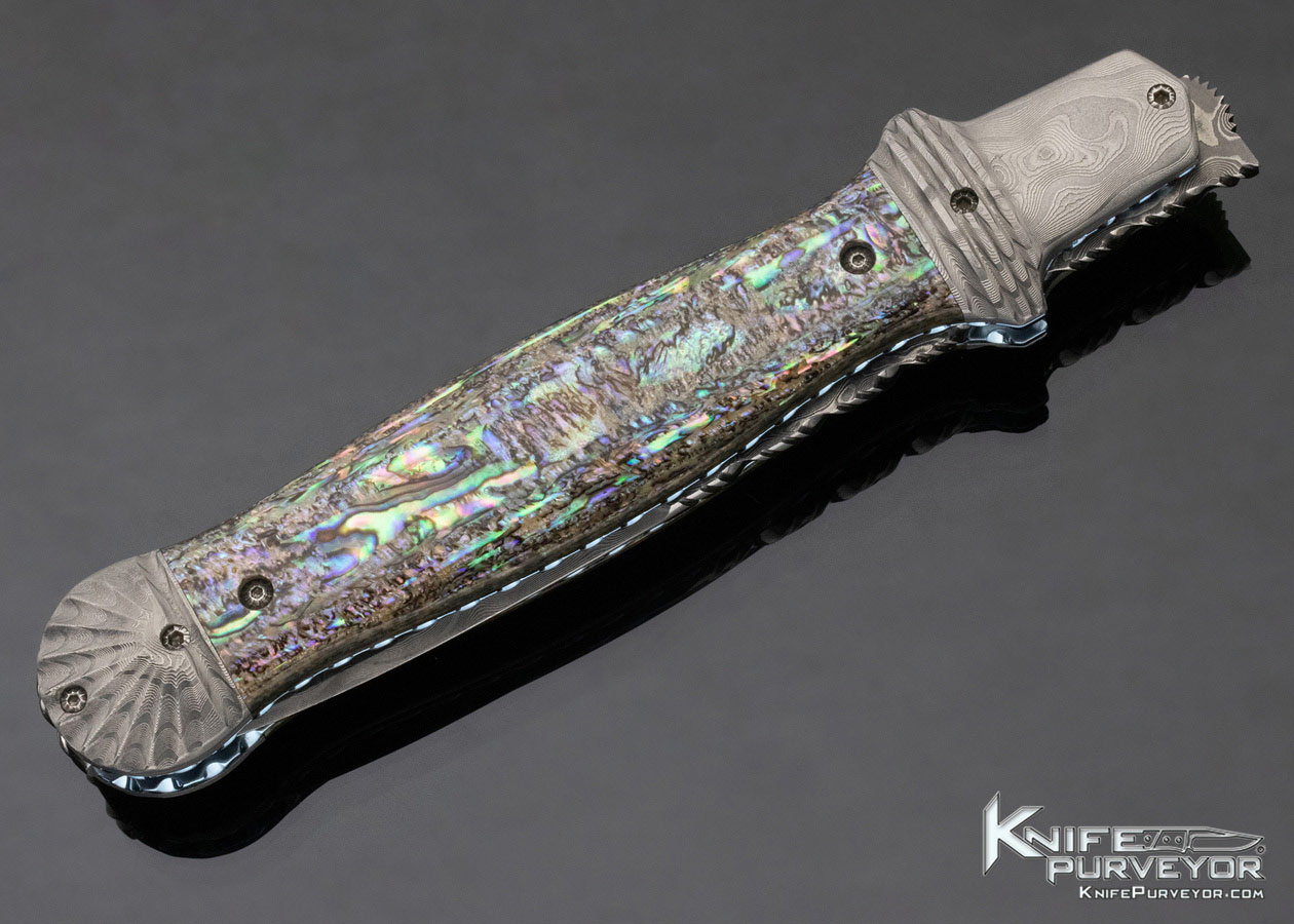 Phil Boguszewski Custom Knife Paua Shell & Raindrop Pattern Damascus Front Flipper Linerlock Dagger - Image 5