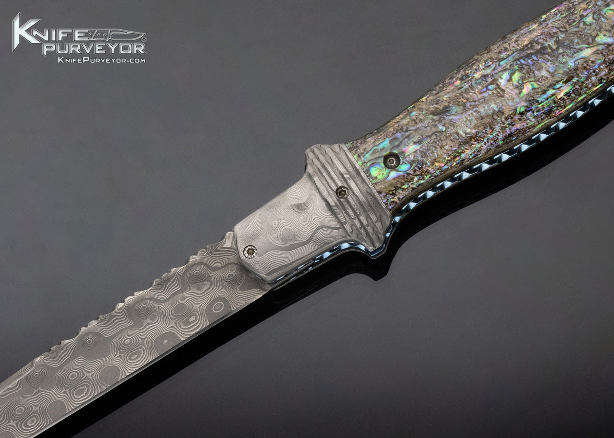 Phil Boguszewski Custom Knife Paua Shell & Raindrop Pattern Damascus Front Flipper Linerlock Dagger - Image 2