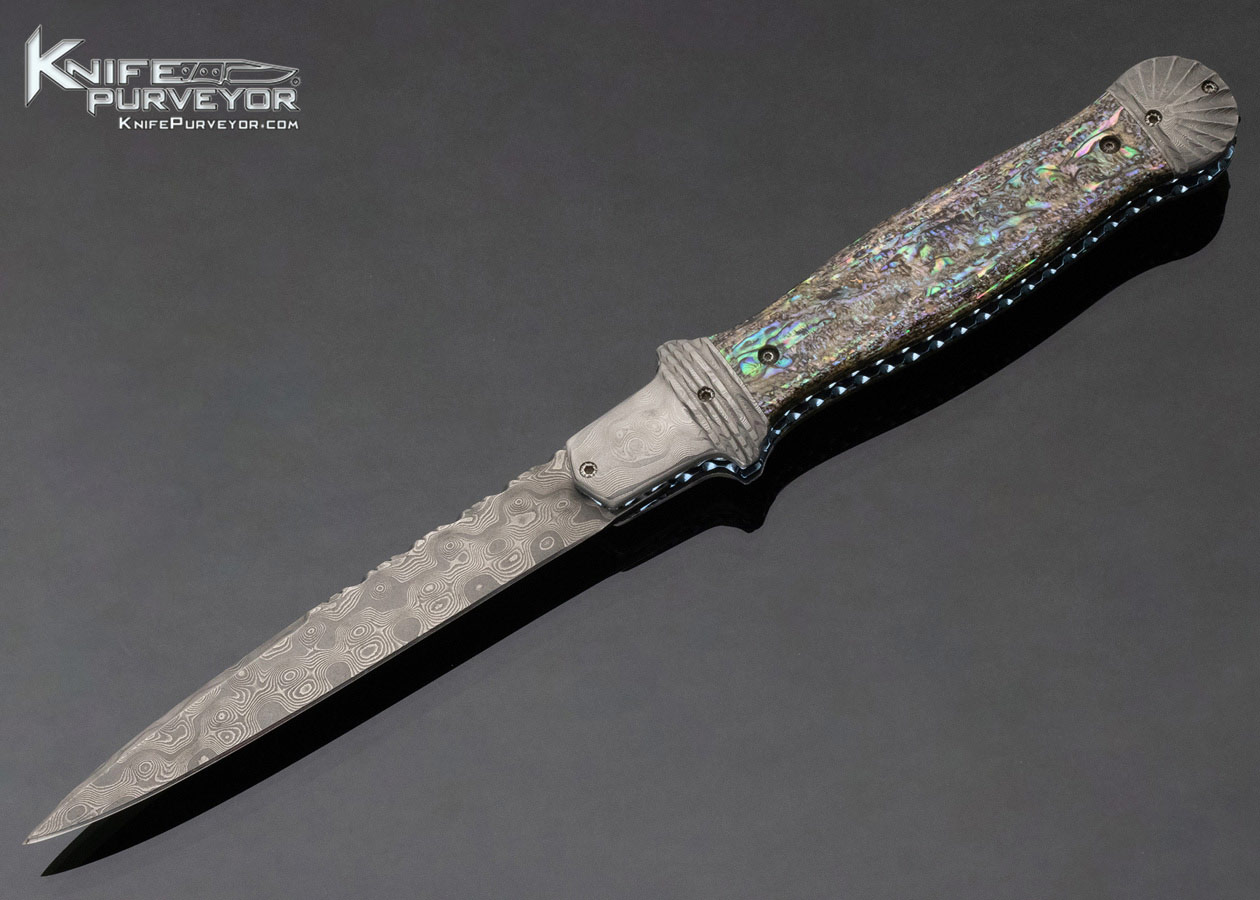 Phil Boguszewski Custom Knife Paua Shell & Raindrop Pattern Damascus Front Flipper Linerlock Dagger 13288