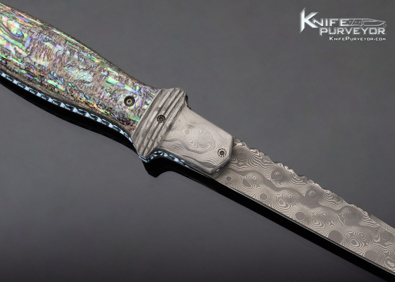 Phil Boguszewski Custom Knife Paua Shell & Raindrop Pattern Damascus Front Flipper Linerlock Dagger - Image 4