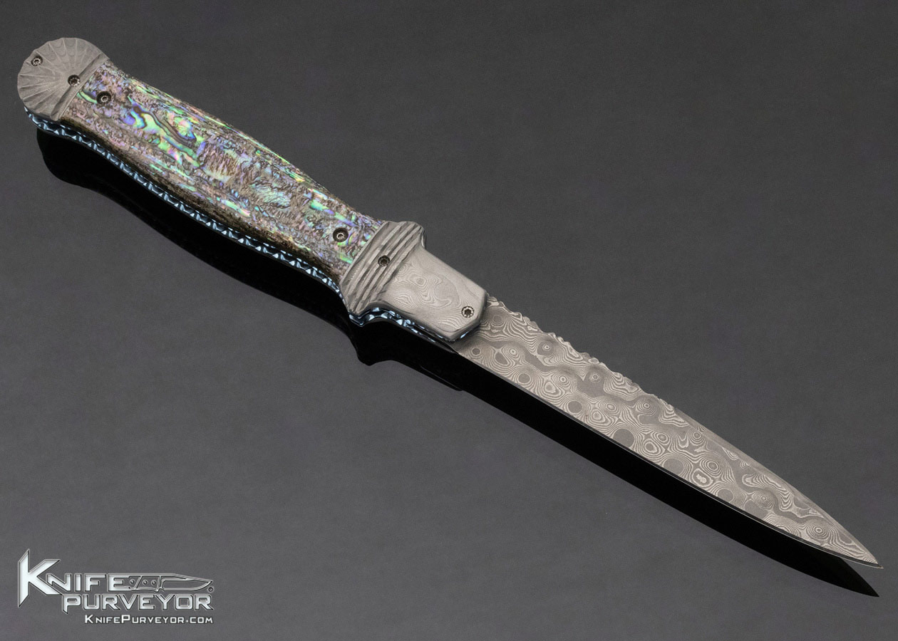 Phil Boguszewski Custom Knife Paua Shell & Raindrop Pattern Damascus Front Flipper Linerlock Dagger - Image 3