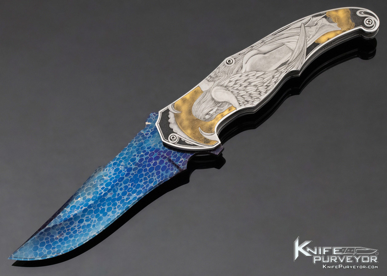 Sergio Consoli Custom Knife Bertie Rietveld's "Dragonskin" Damascus Linerlock Flipper Engraved by Giorgia Contessa 12030