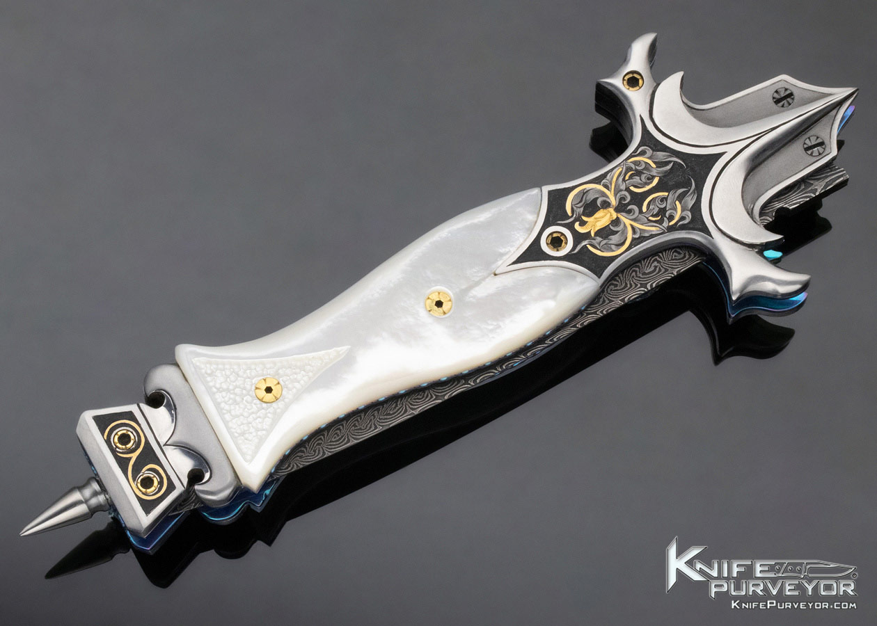 Shaun and Sharla Hansen Custom Knife Sole Authorship Damascus and Mother of Pearl Linerlock Automatic (Featured in a Video) - Image 3