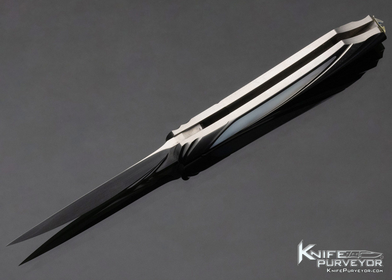 William Tuch Custom Knife Mother of Pearl Shell Interframe Fluted & Stippled Steel Lockback Folder - Image 6