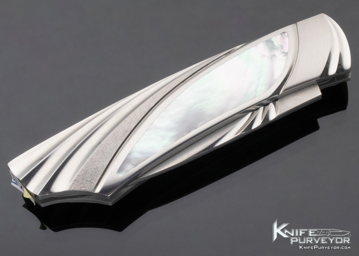 William Tuch Custom Knife Mother of Pearl Shell Interframe Fluted & Stippled Steel Lockback Folder - Image 5