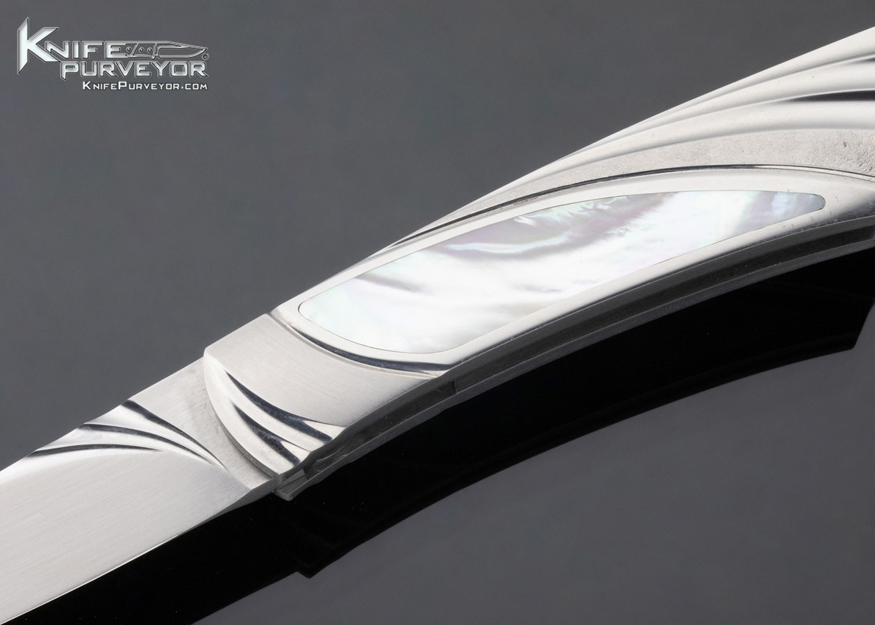 William Tuch Custom Knife Mother of Pearl Shell Interframe Fluted & Stippled Steel Lockback Folder - Image 2