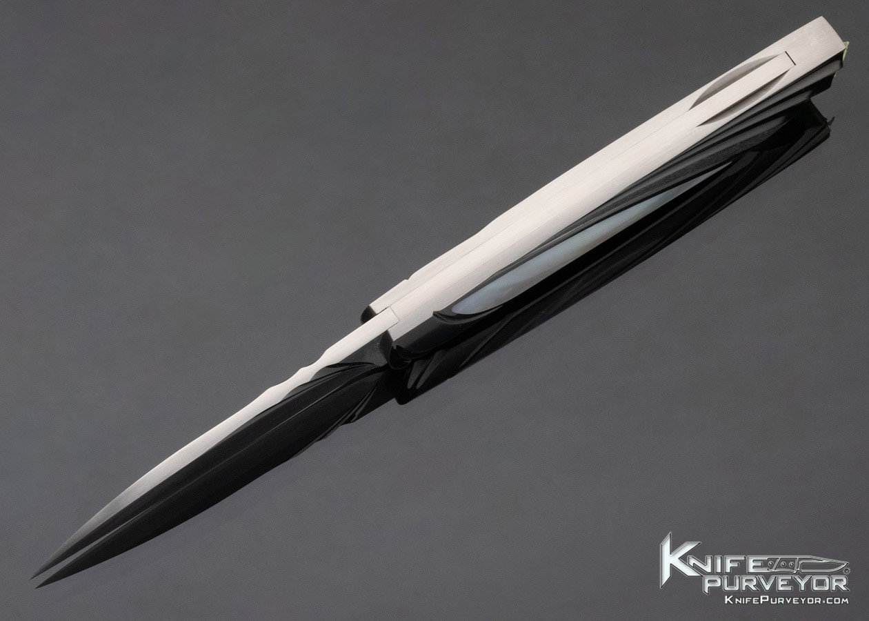 William Tuch Custom Knife Mother of Pearl Shell Interframe Fluted & Stippled Steel Lockback Folder - Image 7