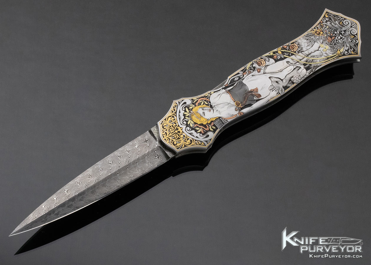 Joe Kious Custom Knife CJ Cai Engraved "Lady Godiva" Pocket Locket Automatic Dagger
