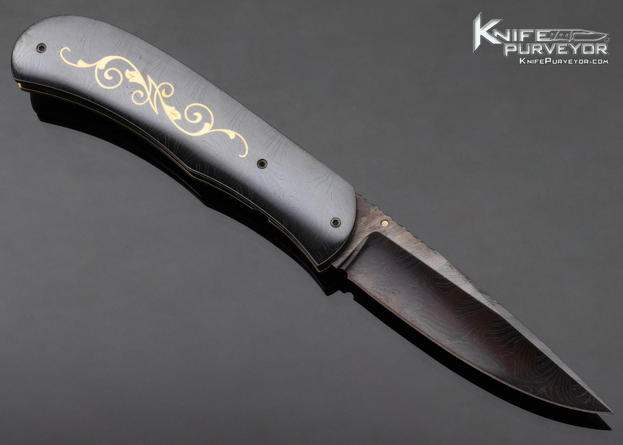 John W. Smith Custom Knife Sole Authorship Blued Damascus Linerlock with 24Kt Gold Inlays - Image 4