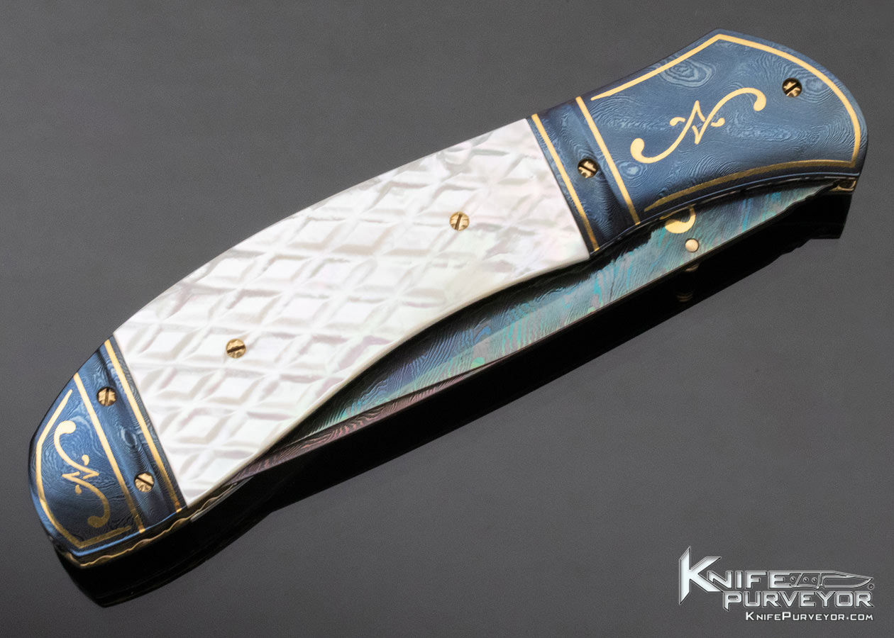 John W. Smith Custom Knife Checkered Mother of Pearl and Sole Authorship Damascus Linerlock - Image 4