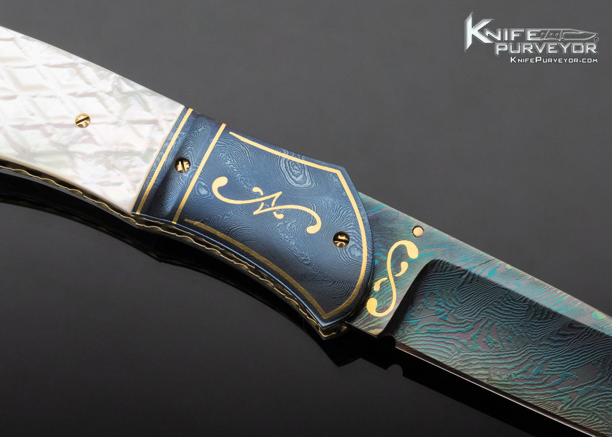 John W. Smith Custom Knife Checkered Mother of Pearl and Sole Authorship Damascus Linerlock - Image 3